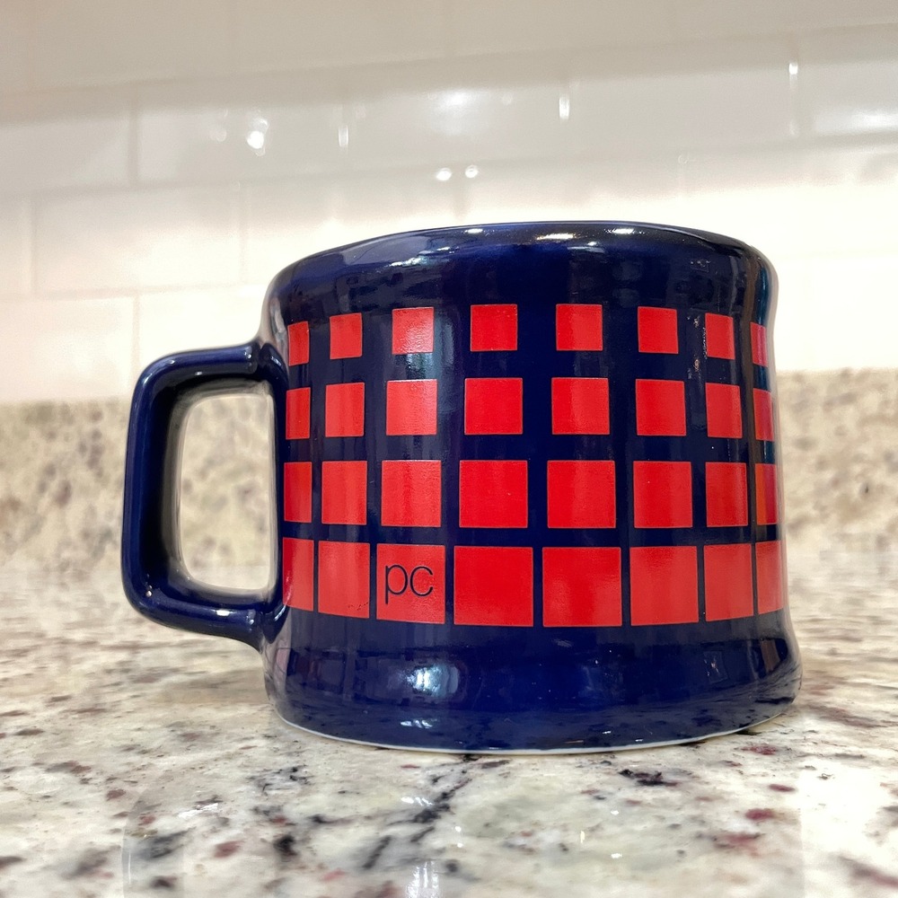 VTG Pierre Cardin Ceramic Coffee Mug Navy Red Check MCM Style‎ Designer